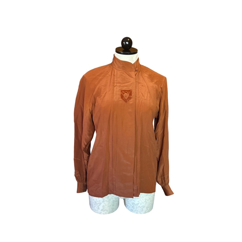 Anne Klein Vintage 100% Silk Blouse Rust Brown Lion Crest Mock Neck Top Size 4